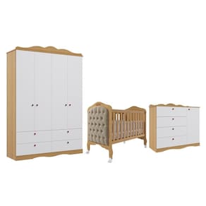 Dormitório Guarda Roupa, Cômoda E Berço Harmonia Nature-branco Com Capitonê - Permóbili Baby Nature-branco