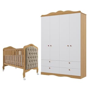 Jogo De Quarto Infantil Guarda Roupa E Berço Harmonia Nature-branco Com Capitonê - Permóbili Baby Nature-branco