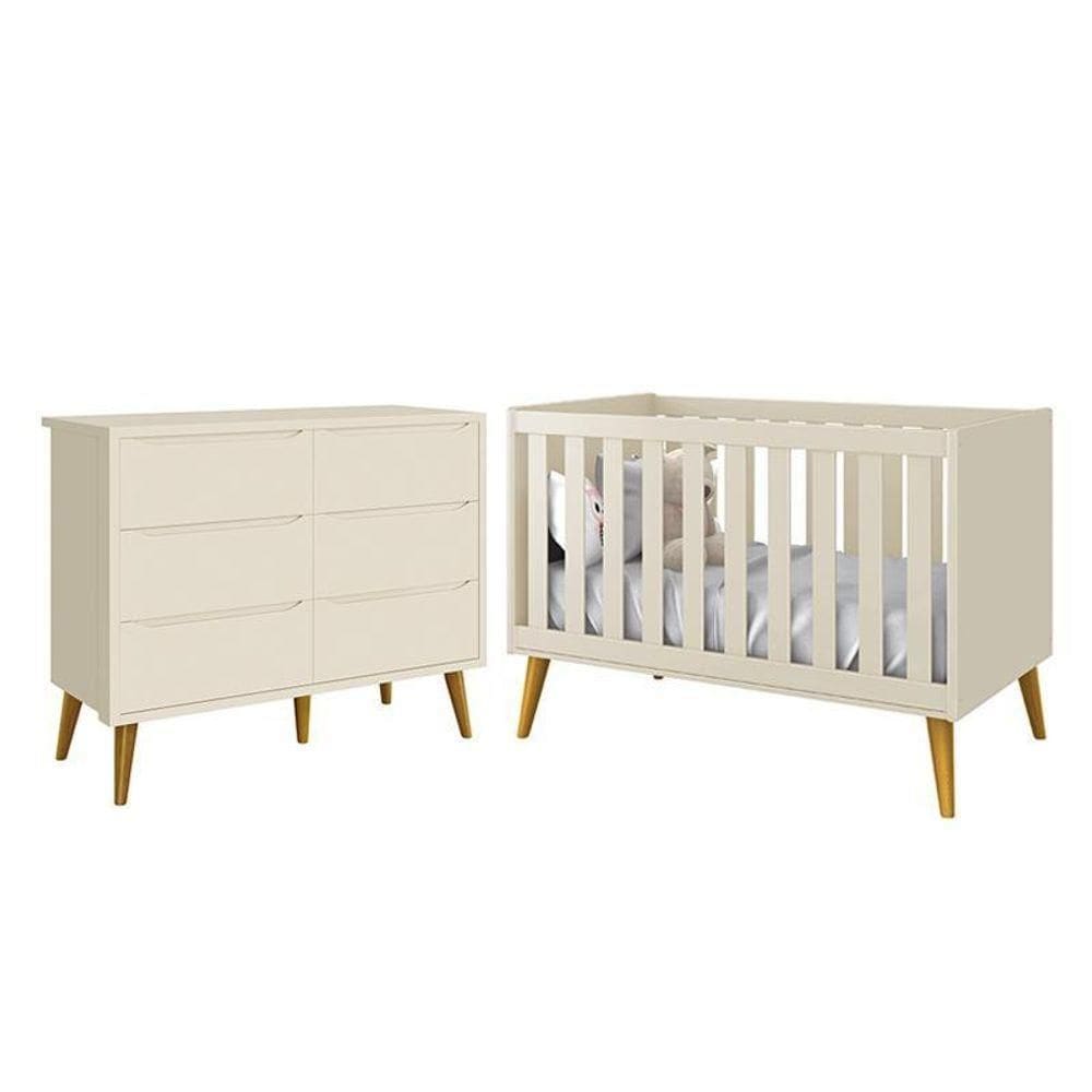 Jogo De Quarto Infantil Theo Cômoda 6 Gavetas E Berço Areia Fosco Com Pés Amadeirado - Reller Móveis Areia Fosco