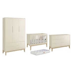 Dormitório Classic 3 Portas Areia Com Pés Madeira Natural E Colchão D18 Branco - Reller Móveis Areia Fosco