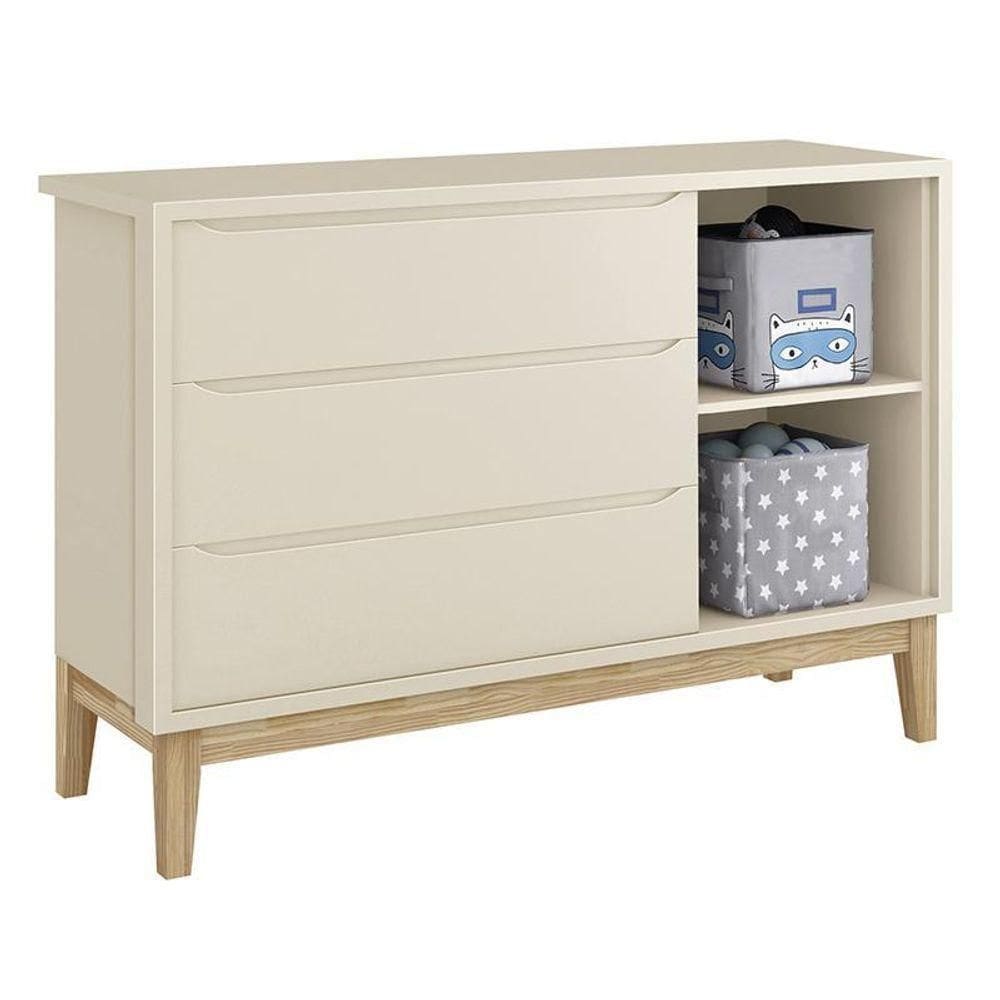 Jogo De Quarto Classic Guarda Roupa 2 Portas E Cômoda Areia Fosco Com Pés Madeira Natural - Reller Móveis Areia Fosco
