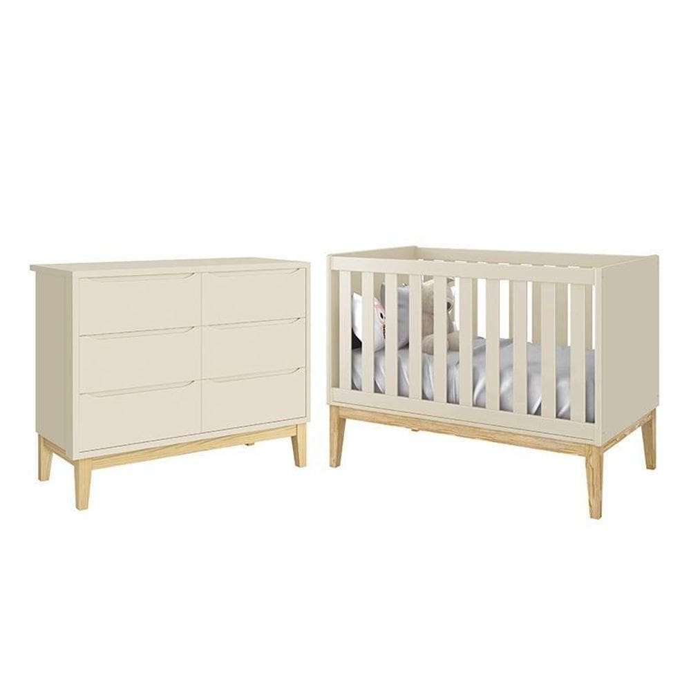 Jogo De Quarto Infantil Classic Cômoda 6 Gavetas E Berço Areia Fosco Com Pés Madeira Natural- Reller Móveis Areia Fosco