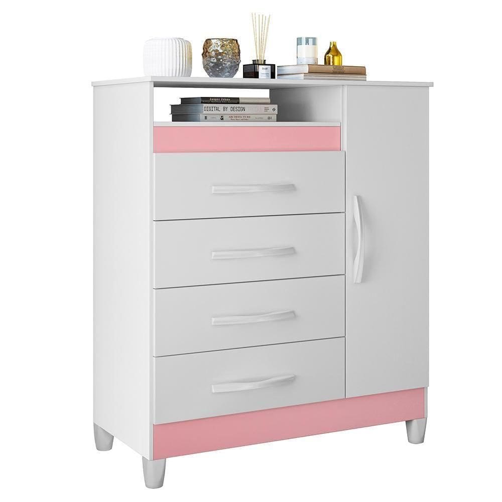Cômoda Turquesa 1 Porta E 4 Gavetas Quadriflex Branco-rosa Matte - Móveis Albatroz Branco-rosa Matte