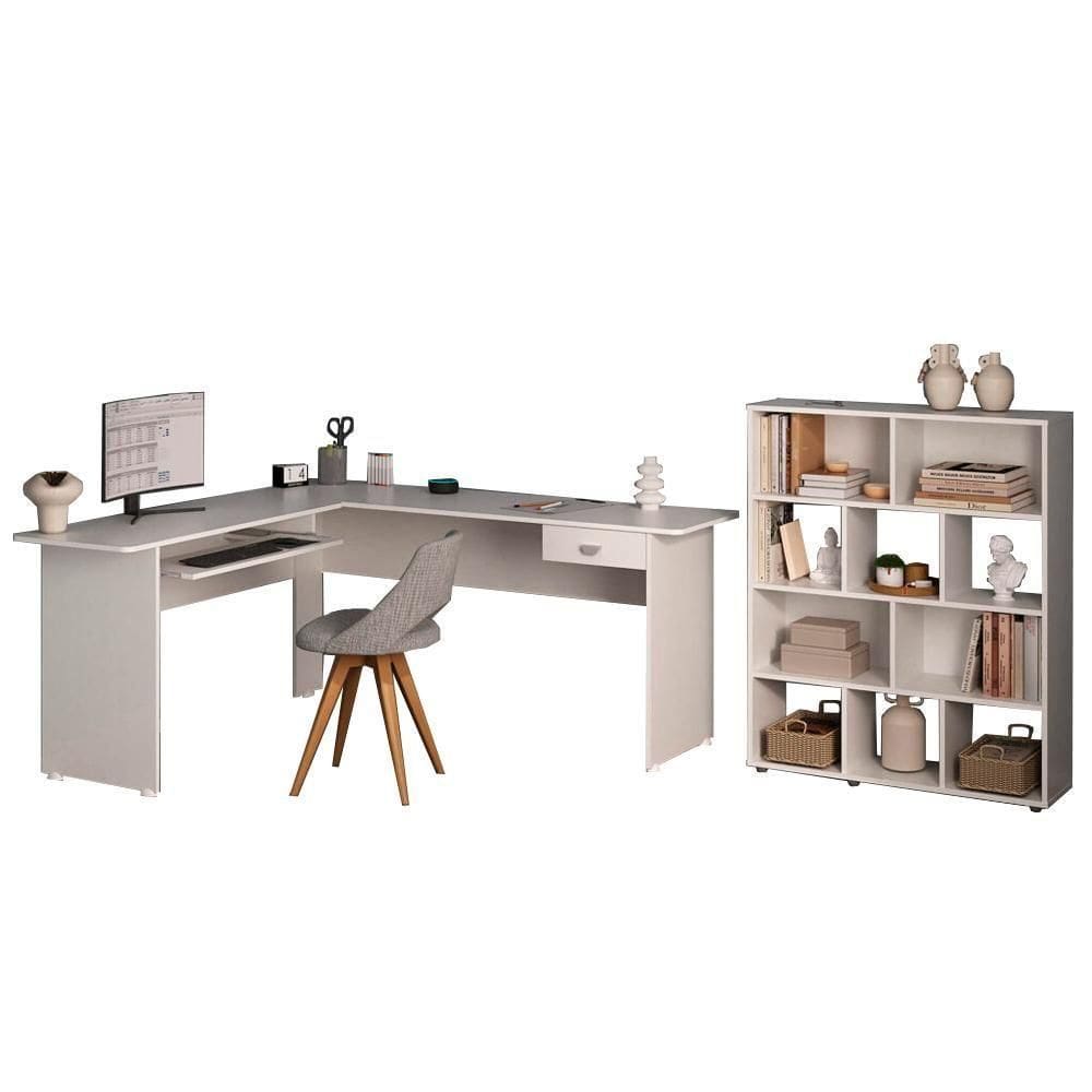 Mesa Escrivaninha 1 Gaveta E Estante 10 Nichos Branco Arly Branco