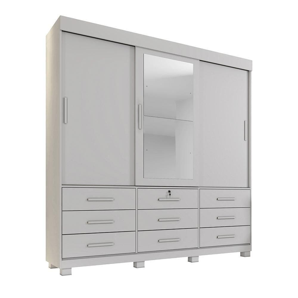 Guarda Roupa 3 Portas De Correr Com Espelho 9 Gavetas Londres Benetil Branco