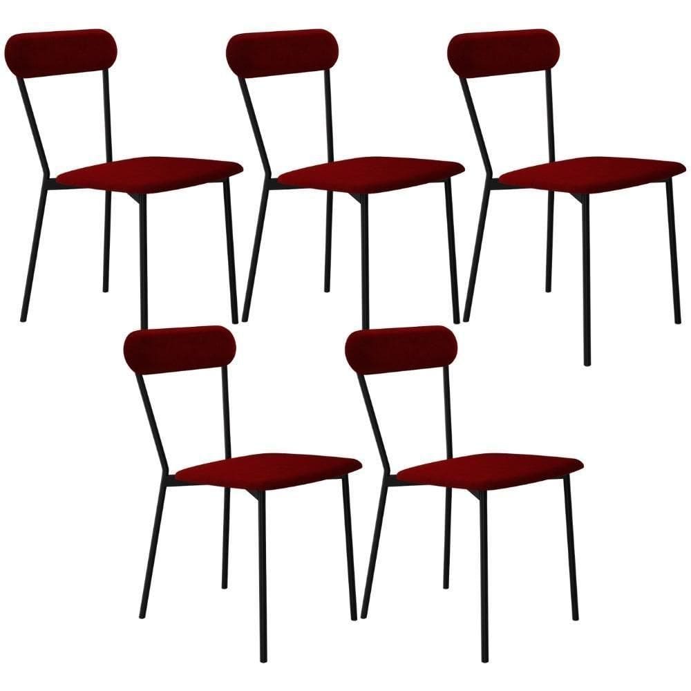Kit 05 Cadeiras Estofada Para Sala De Jantar Liora Preto C01 Veludo Vermelho Vinho - Lyam Decor