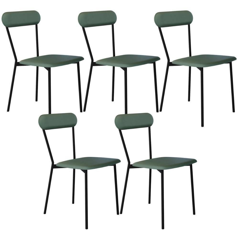 Kit 05 Cadeiras Estofada Para Sala De Jantar Liora Preto C01 Courino Verde Sálvia - Lyam Decor
