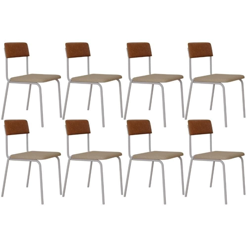 Kit 08 Cadeiras Estofada Para Sala De Jantar Sense Branco C01 Linho Areia Courino Caramelo - Lyam Decor