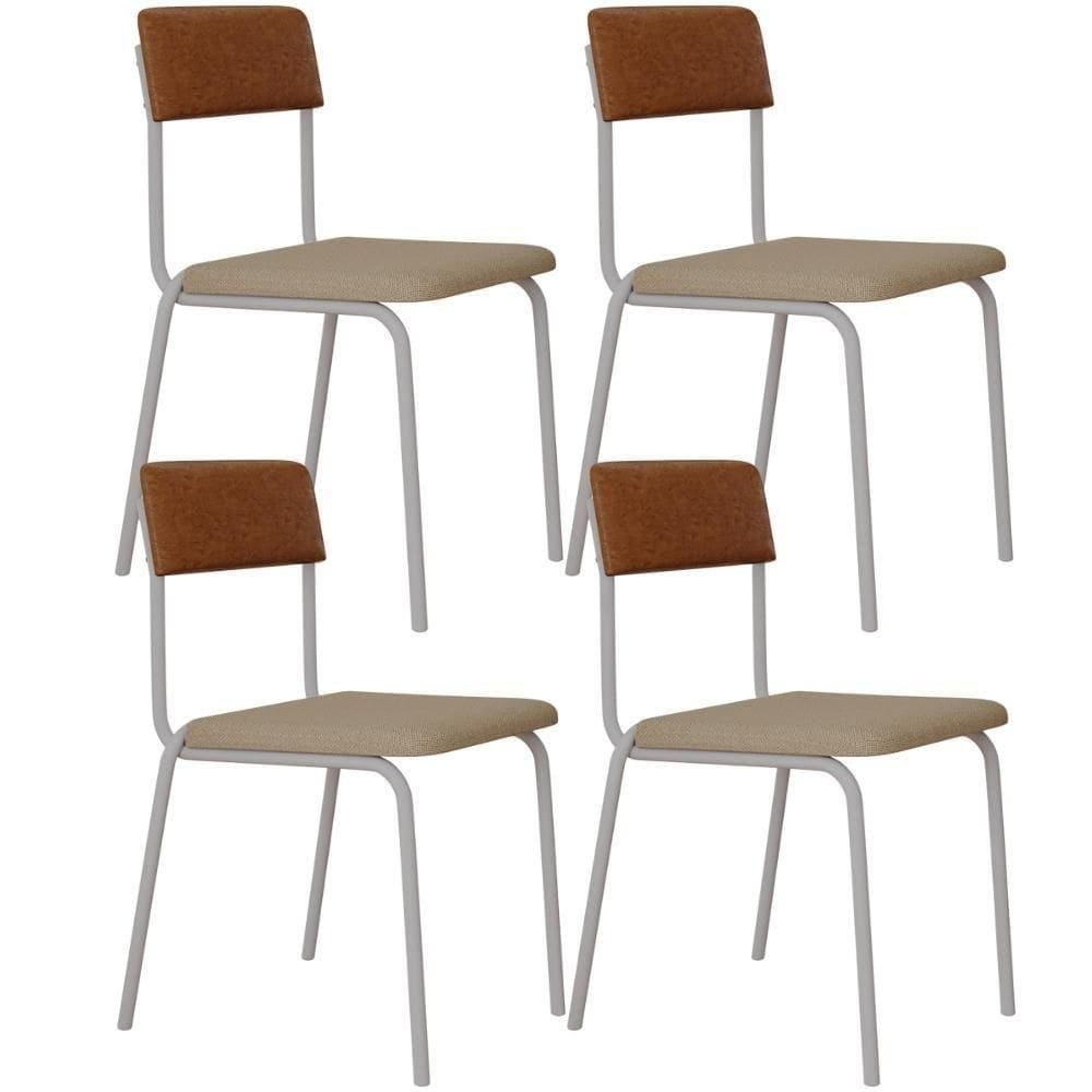 Kit 04 Cadeiras Estofada Para Sala De Jantar Sense Branco C01 Linho Areia Courino Caramelo - Lyam Decor