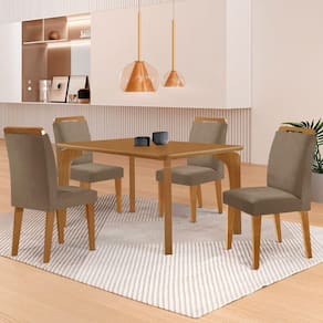Mesa Liz 120 Mdf Canto Copo E Com 4 Cadeiras Athenas Veludo Capuccino/naturalle/naturalle