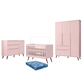 Dormitório Melinda Guarda Roupa, Cômoda E Berço Retrô Rosê Acetinado Com Colchão Physical - Phoenix Baby Rosê Acetinado