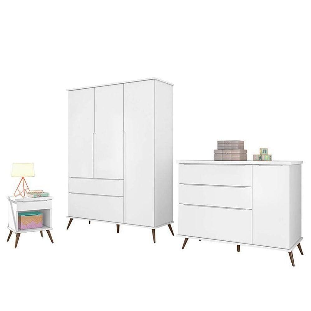 Jogo De Quarto Infantil Retrô Alice Guarda Roupa, Cômoda Com Porta E Mesinha Branco - Pr Baby Branco