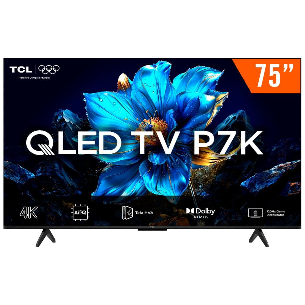 Smart TV QLED 75" Android TV Ultra HD 4K TCL 75P7K Comando de Voz Hands-Free Google TV Bluetooth