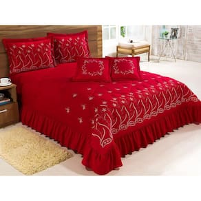 Kit Cobre Leito Casal Super King 7 Peças Bordado Vermelho