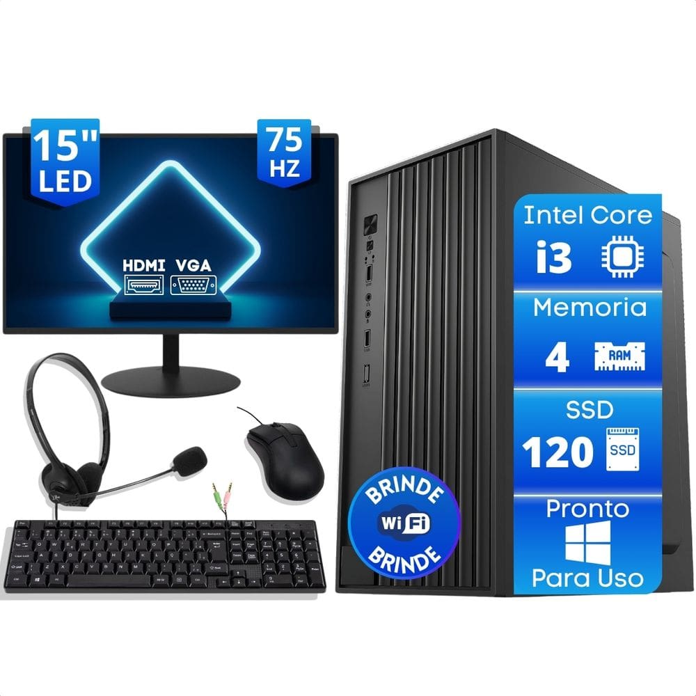 Computador Office Completo Intel Core I3 4Gb SSD 120Gb Monitor 15 Fone Headset