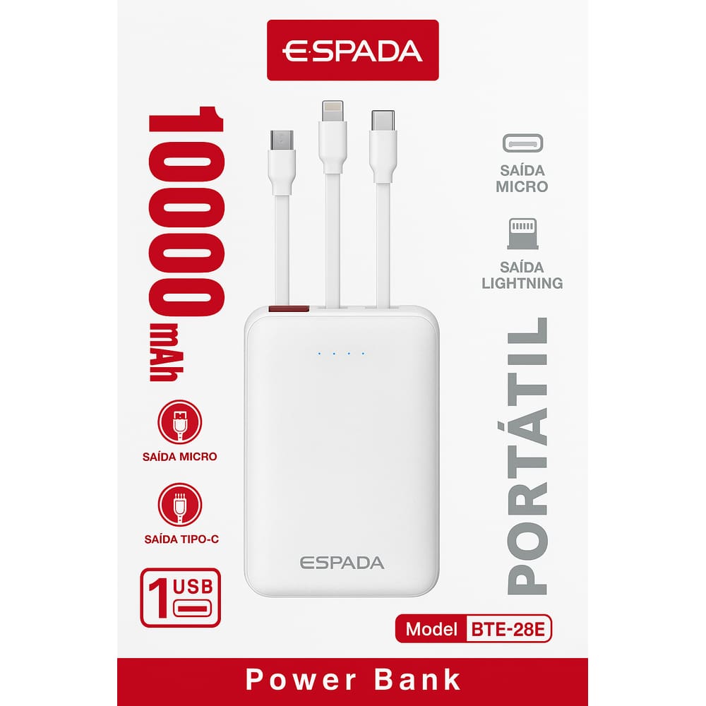 Carregador Portátil 10000mAh com Cabos Embutidos Tipo-C Micro USB Lightning
