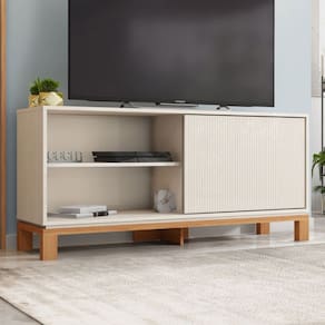 Rack para TV Até 55 Polegadas Mondrian 1 Porta 1 Prateleira Ripado 3d Off White/Freijó - Caemmun