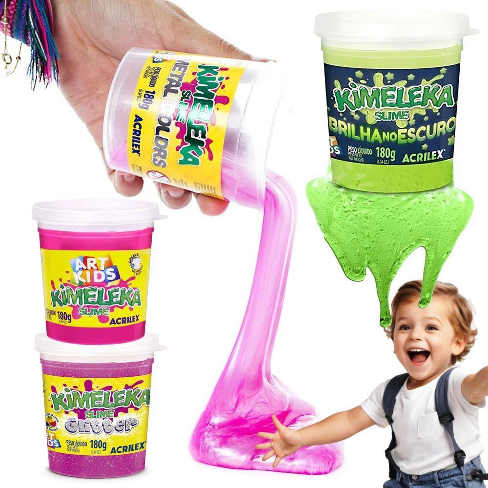 4 Kimeleka Slime, Glitter, Metal E Brilha No Escuro Acrilex