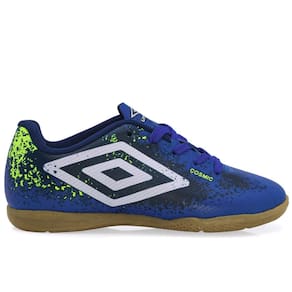 Chuteira Umbro Futsal Cosmic Azul Branco e Limão