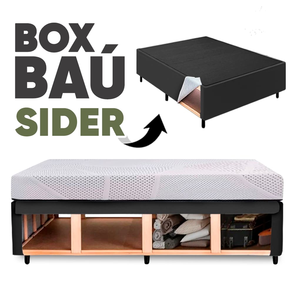 Cama Box Queen Baú Base Sider + 2 Travesseiros c/ Espaço Interno Amplo 158x198cm na cor Preto – Orthocamas