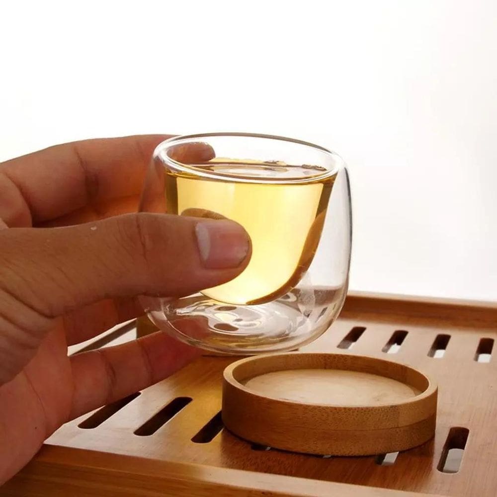 Copos Parede Dupla Vidro Borossilicato Base De Bambu 80Ml
