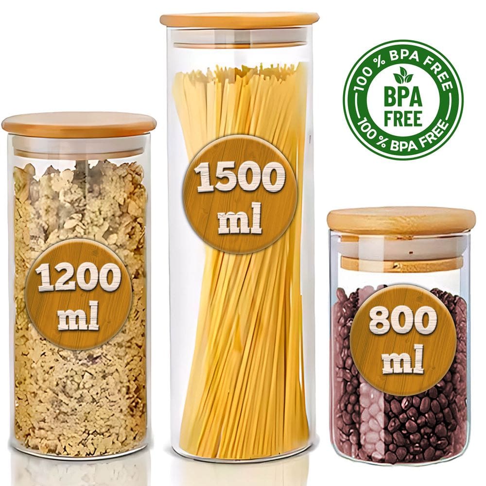 3 Potes De Vidro Herméticos Premium 800-1200-1500ml Para Mantimentos Tampa De Bambu