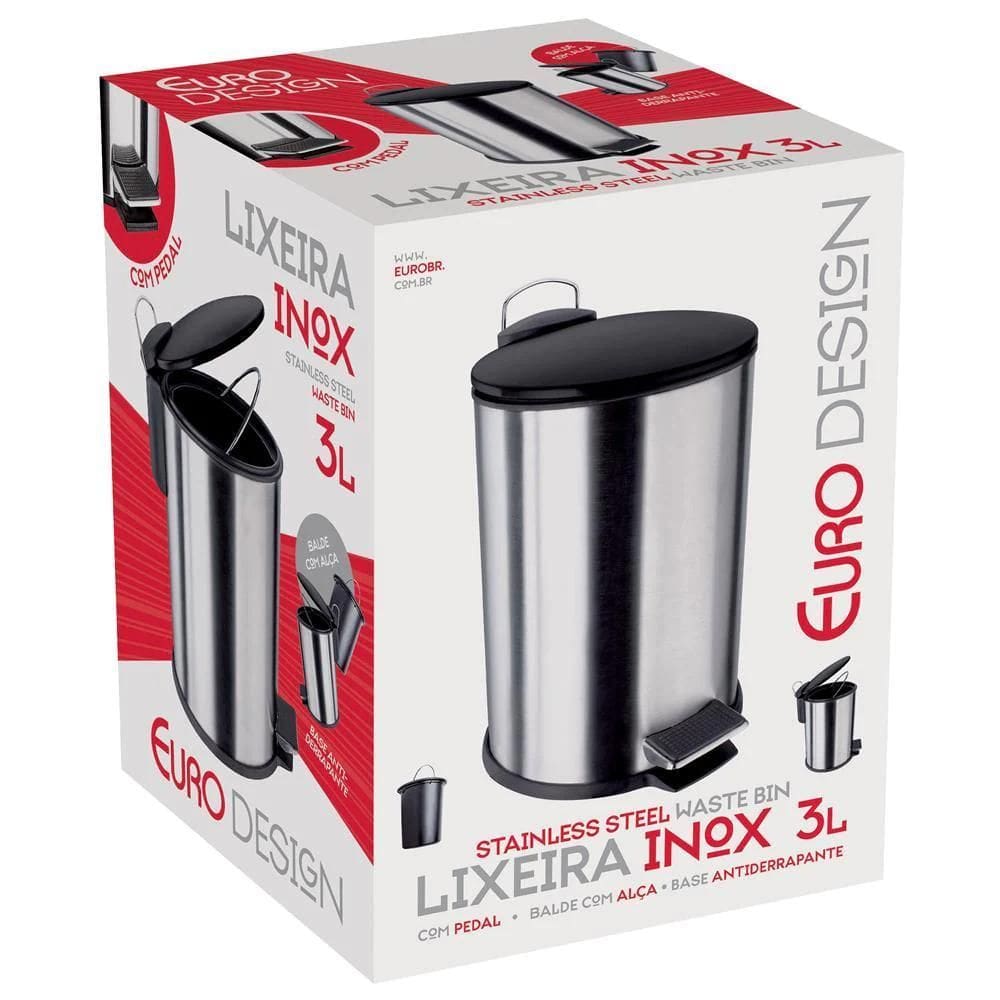 Lixeira Em Aço Inox Escovado Cesto, Pedal Euro 3L Lix2317