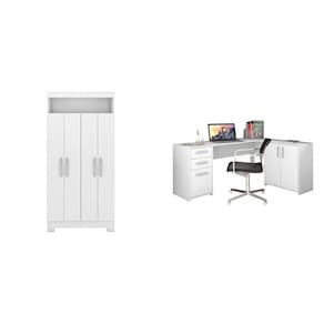 Kit para Escritório com 1 Mesa de Canto e Armário Multiuso 4 Portas com Nicho Branco
