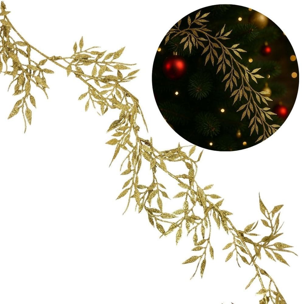 Folhagem Fina Decorativa Natalina Ramificada com Glitter Dourado 1,75m - Art Christmas