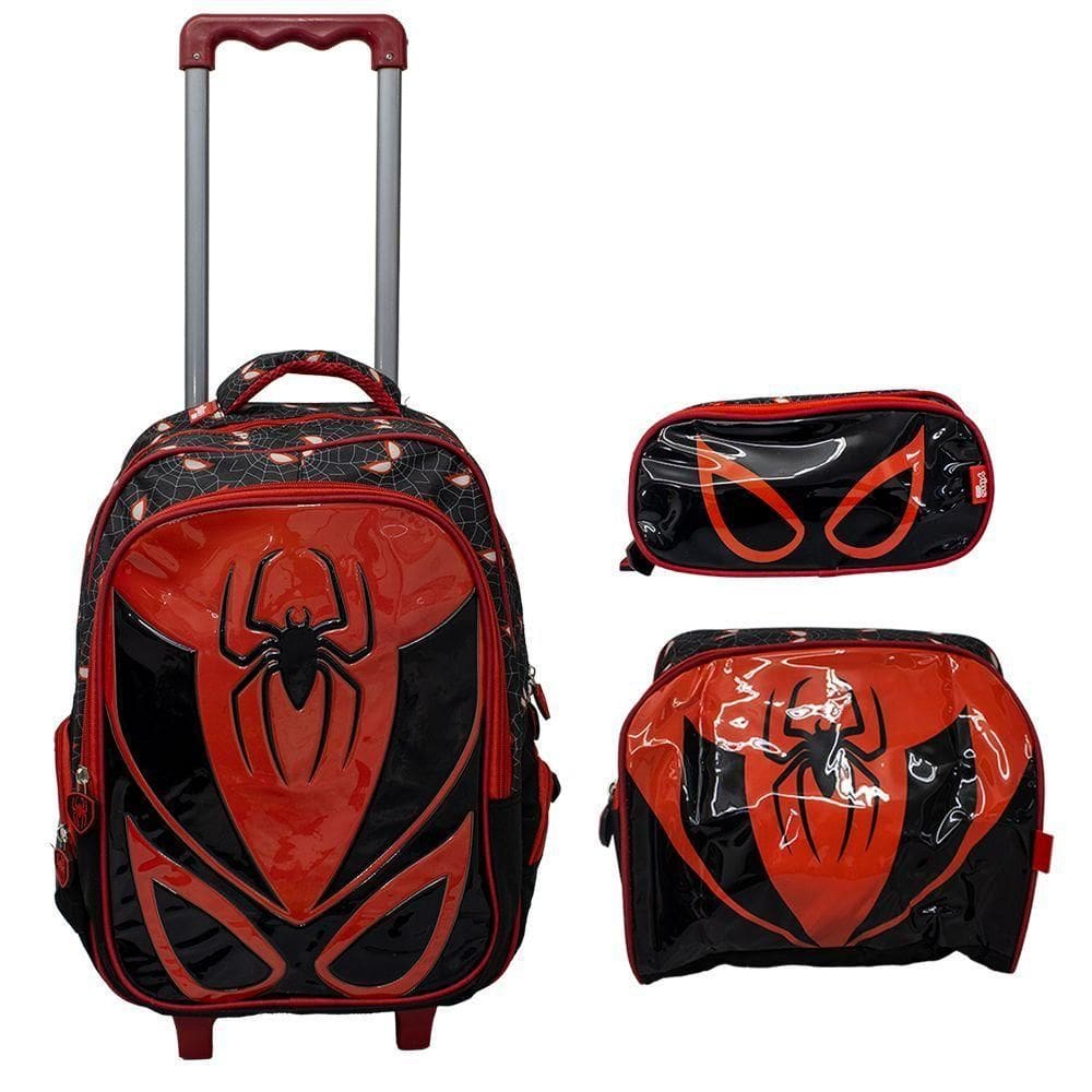 Kit Mochila Escolar Infantil De Rodinhas Com Lancheira E Estojo Yins Em Pvc 3d Kids Spider Preto