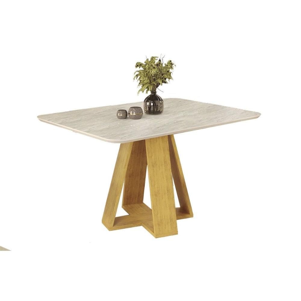 Mesa de Sala Jantar Celeste Tampo Madeirado Curvo 120X90 Cedro/Quartzo - DJ Móveis