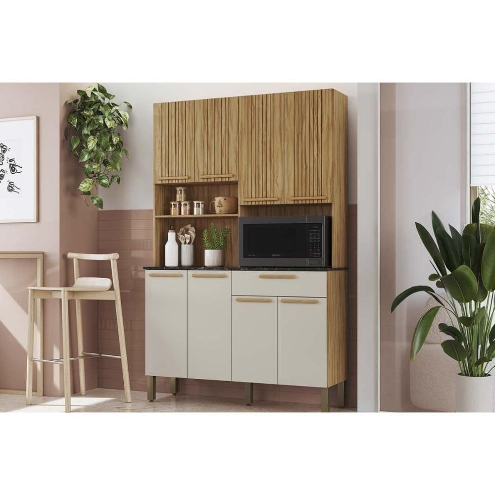Kit de Cozinha Compacta Tannat c/ 8 Portas e 1 Gaveta 120cm Amendoa/Off White - Ronipa