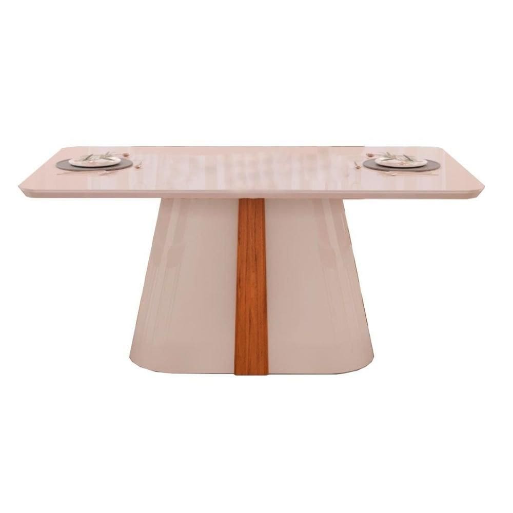 Mesa de Sala Jantar Ryze c/ Tampo Madeirado Vidro Curvo 180x100cm Freijó/Off White - DJ Móveis