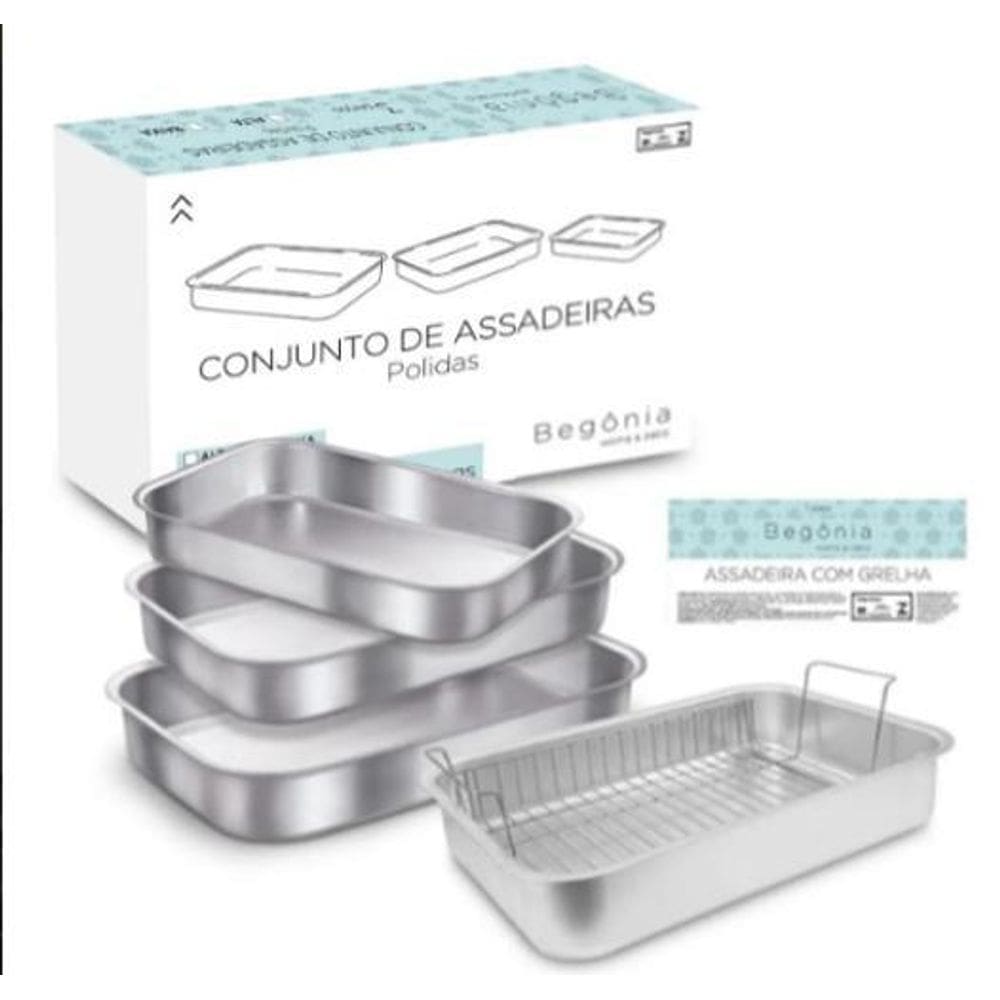 Kit 4 Assadeiras Alumínio Polido Com 1 Grelha Begônia