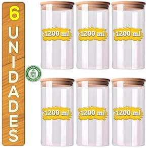 Jogo 6 Potes De Vidro Premium 1200ml Frasco Hermético Condimentos Temperos Tampa De Bambu