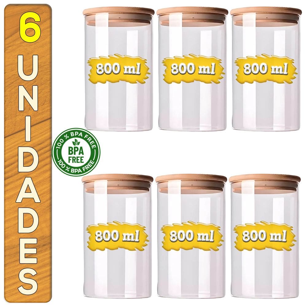 Kit 6 Potes De Vidro Herméticos 800ml Para Mantimentos Tampa De Bambu