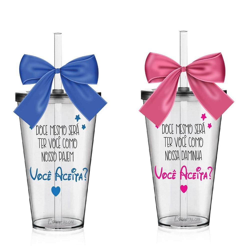 Copo Convite Para Pajem e Daminha 2 Un Rosa E Azul 550ml