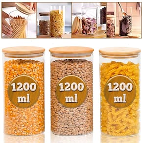Conjunto 3 Potes 1200ml Porta Mantimento Frasco De Vidro Herméticos Tampa de Bambu Natural