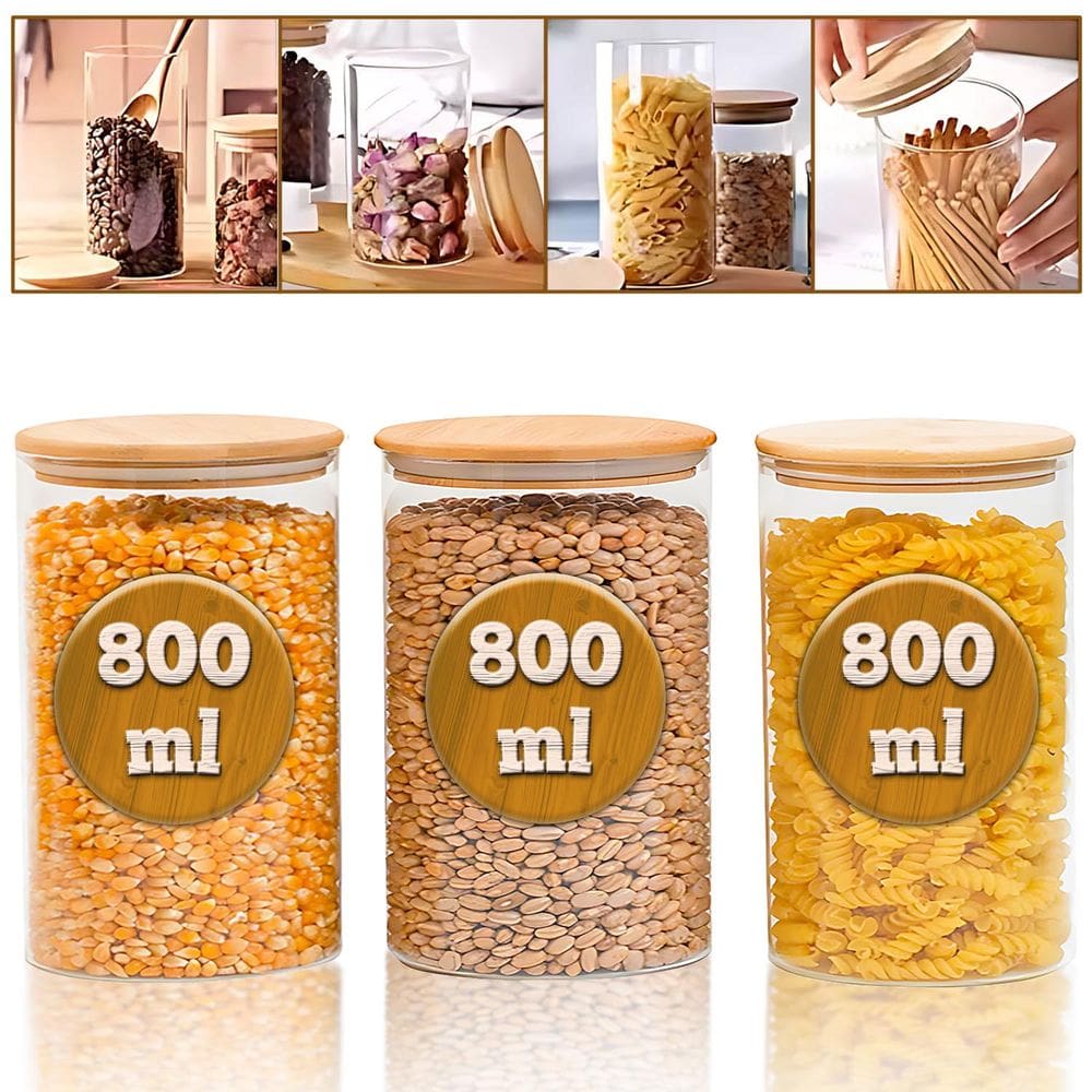 3 Potes De Vidro Herméticos 800ml Para Mantimentos Tampa De Bambu