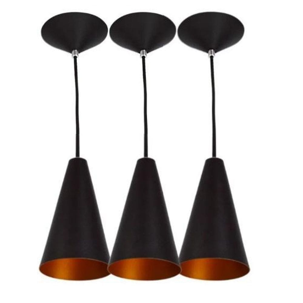 3 Pendentes Cone Preto Com Cobre Decoração