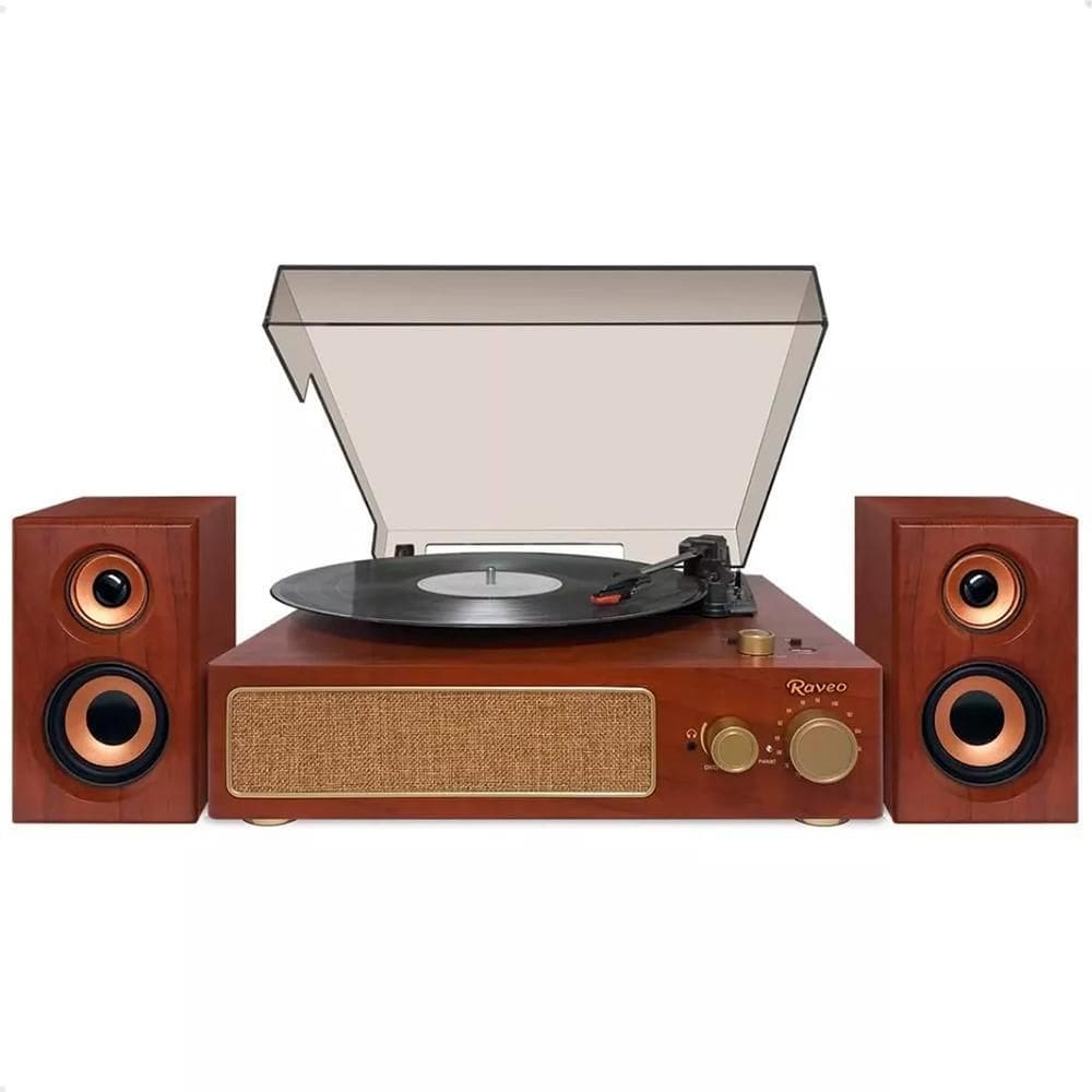 Vitrola Raveo Studio Plus Maple Toca-Discos com Par de Alto Falantes Radio FM Bluetooth USB Saída Auxiliar Marrom Bivolt