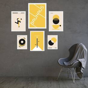 Kit Composição 6 Quadros Artes Bauhaus Amarelo E Preto Vidro