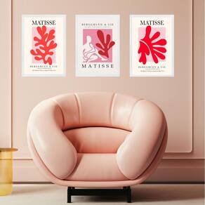 Kit 3 Quadros Rosa E Vermelho Matisse Coral Mulher 33X24Cm