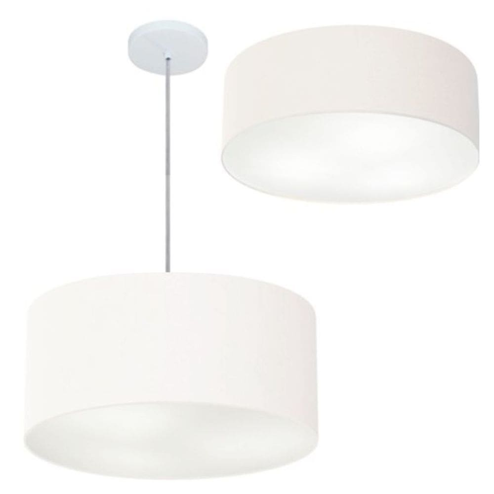 Kit Plafon Cilíndrico Md-3005 e Pendente Md-4019 Cúpula em Tecido 40cm Branco - Bivolt