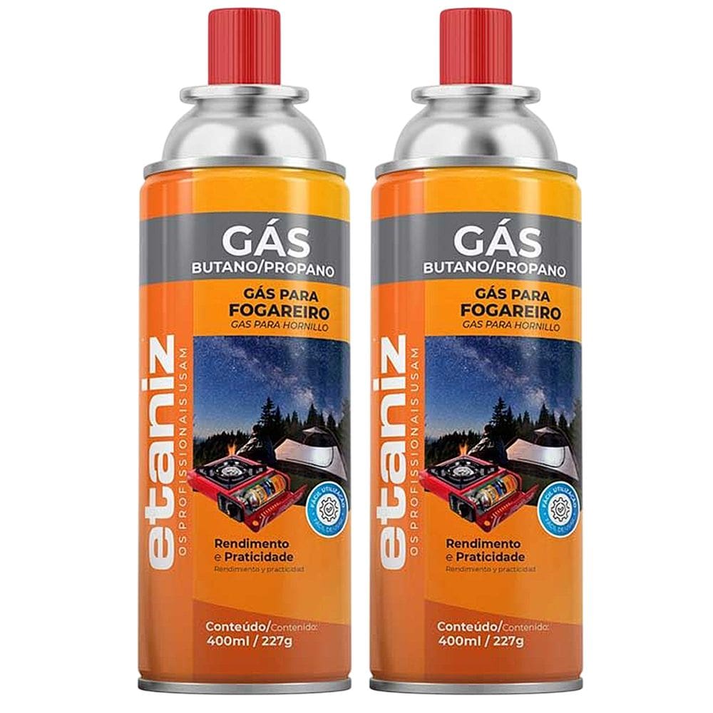 Kit 2 Refil Gás Fogareiro Etaniz 400ml 227g Butano Portátil Camping Churrasco Cozinha Maçaricos