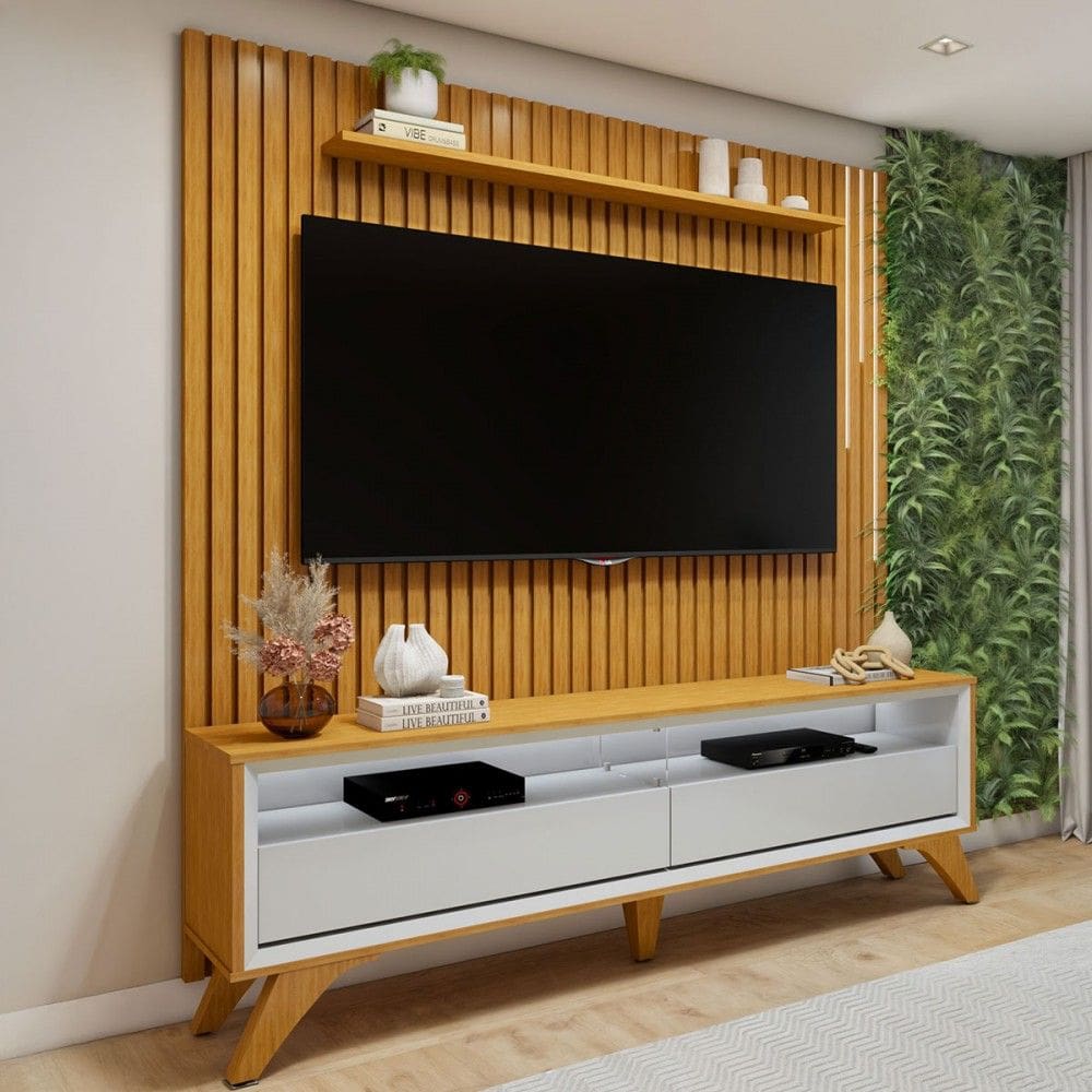Rack com Painel para TV Até 75 Polegadas áustria Paris 2 Gavetas com Led e Vidro Naturallle/Off White - Mavaular