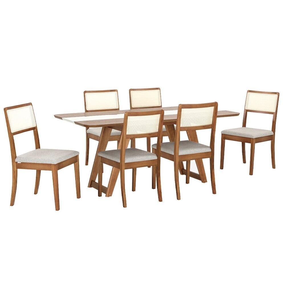 Conjunto Mesa de Jantar e 6 Cadeiras Herval Agatha, Amêndoa, Off White e Palha Natural
