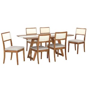 Conjunto Mesa de Jantar e 6 Cadeiras Herval Agatha, Amêndoa, Off White e Palha Natural