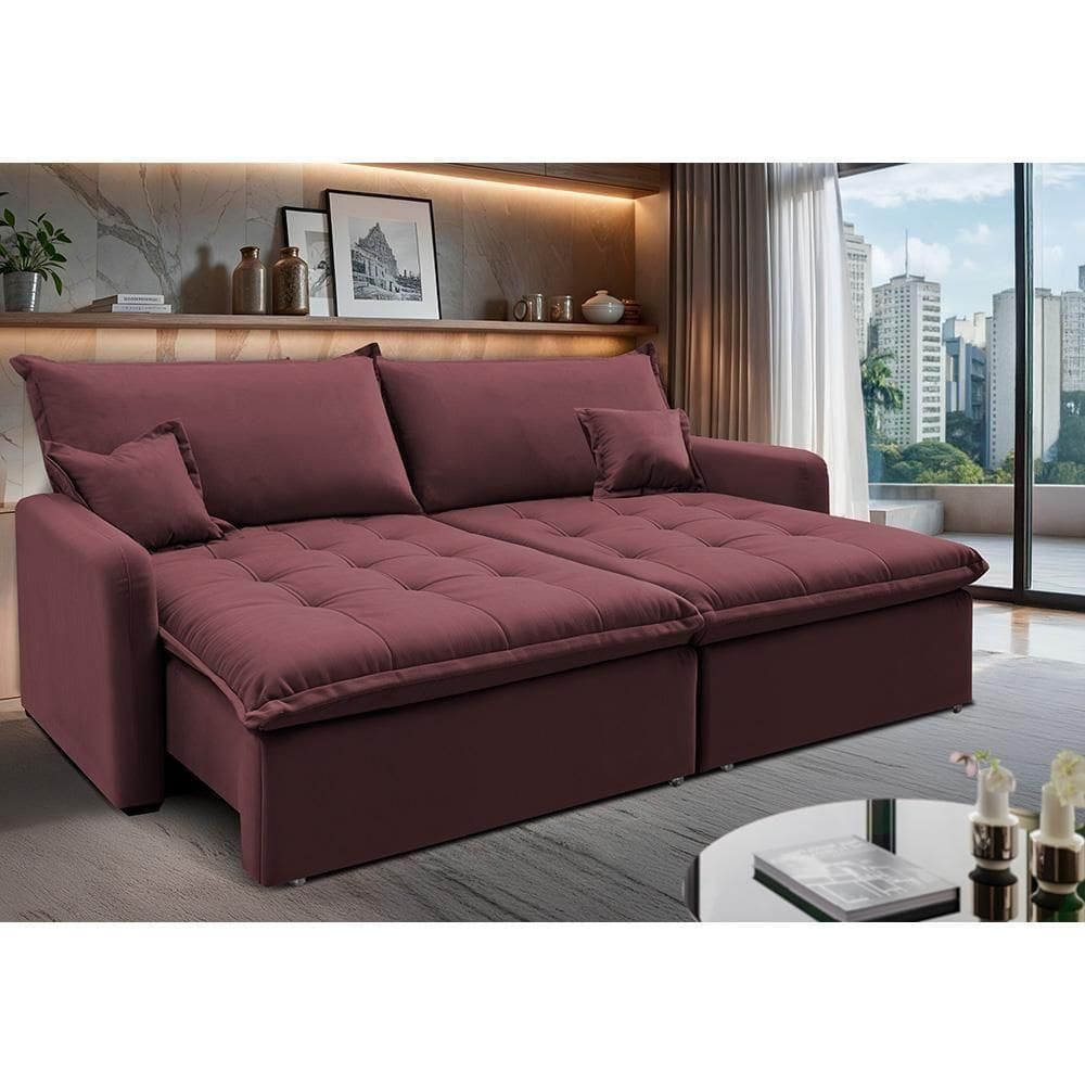Sofá Sem Caixa Retrátil 1,60m Softgel Luna Velusoft Vinho Cama Inbox