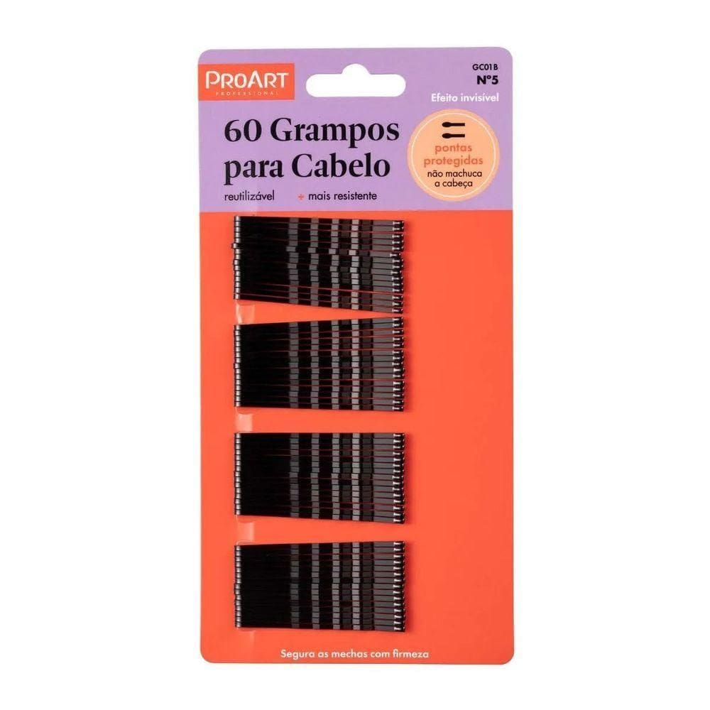 Grampo De Cabelo Preto N5 60 Unidades Proart Pontas Protegidas, ótima Fixação E Durável